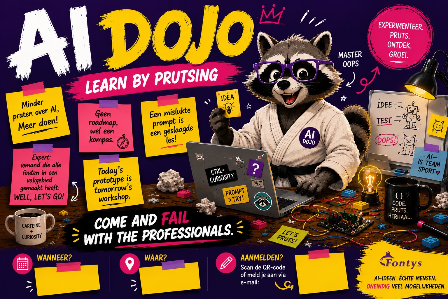 AI-Dojo poster: wasbeer in judopak. Datum en plek staan als tekst op de gele briefjes.